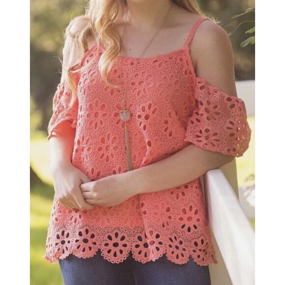 Maurices Coral Orange Cold Shoulder Top Eyelet Floral Design Women's Size Medium - Picture 1 of 8